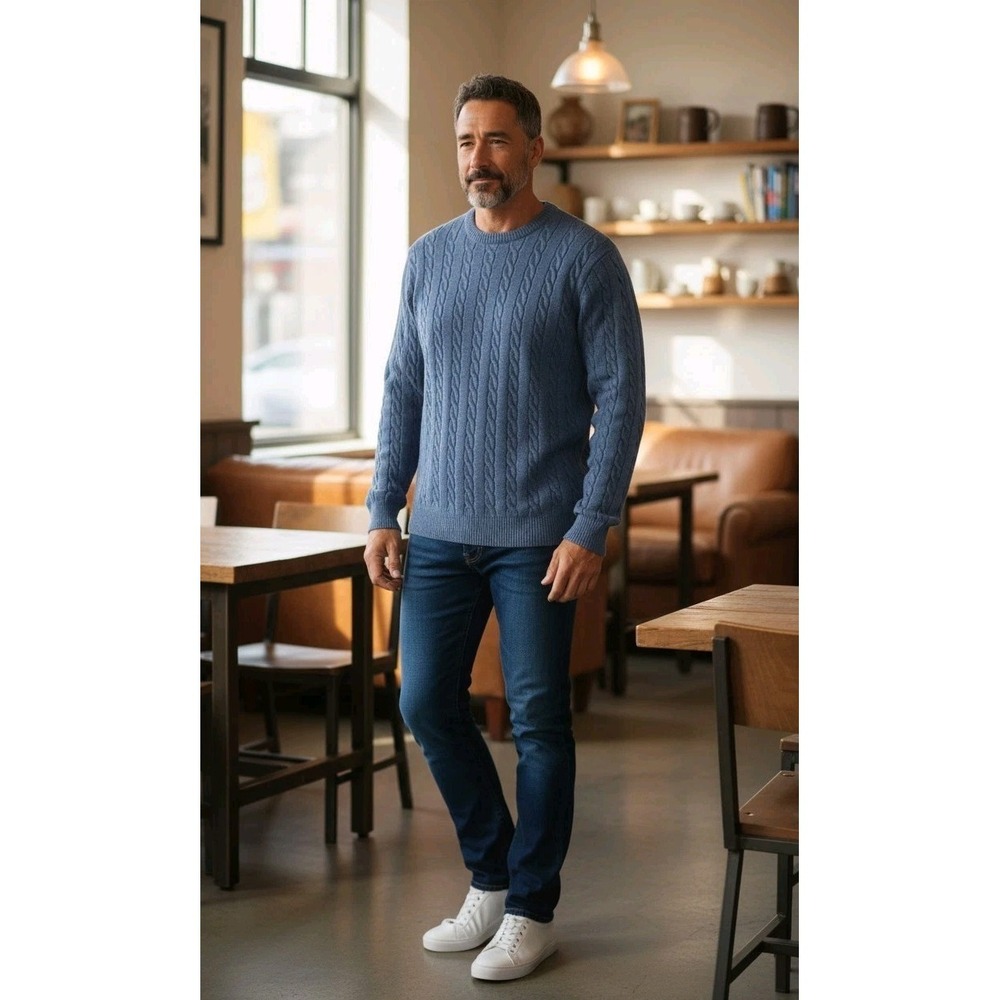 Brooks Brothers Men's Supima Cotton Sweater Blue Cable Knit Crew Neck Sz XL